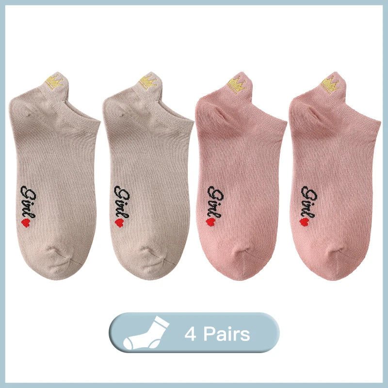 4 Pairs Lot Fashion Socks Women 2026 New Spring Cotton Color Novelty Girls Cute Heart Embroidery Casual Funny Ankle Socks Pack