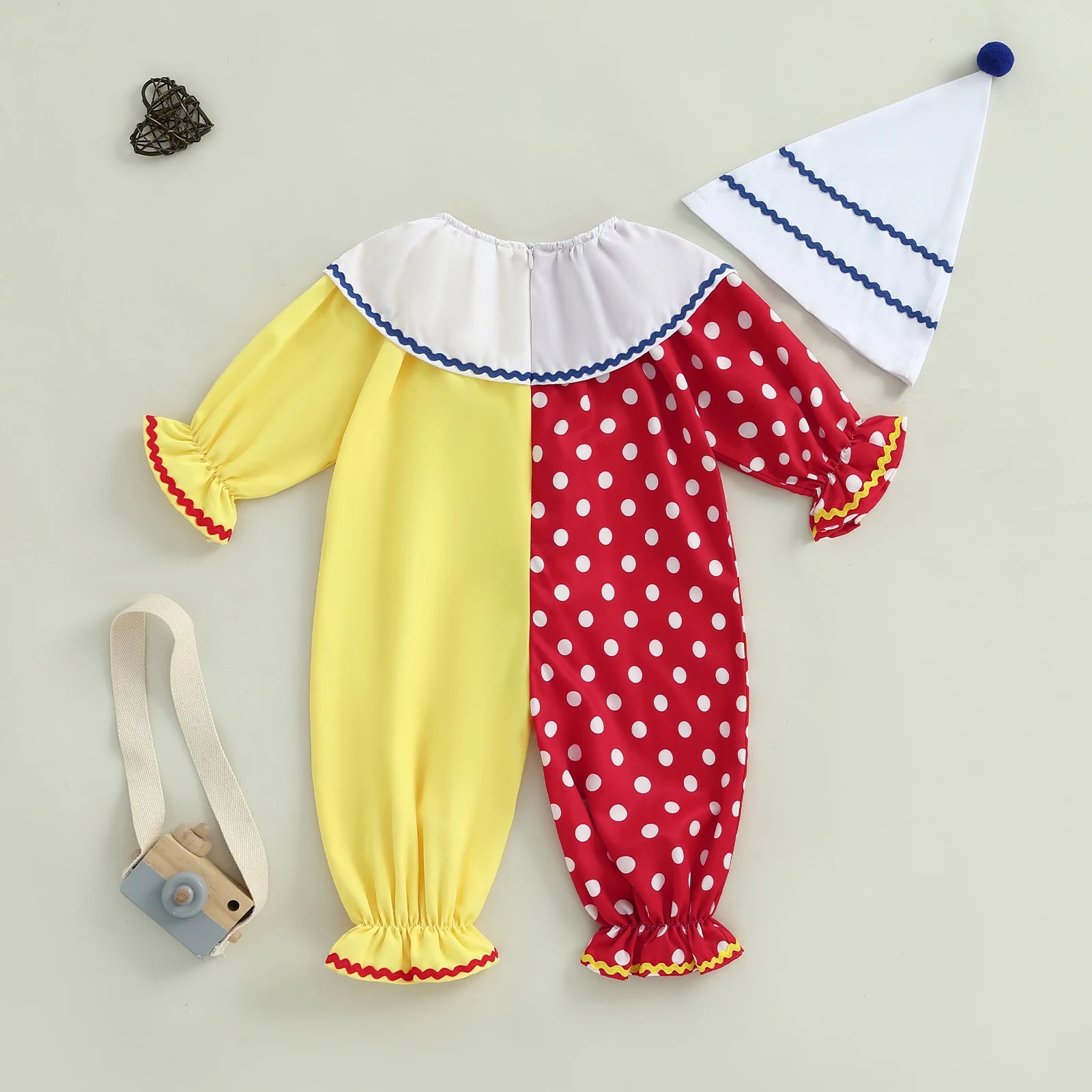 0-5Y Toddler Baby Clown Costume Boy Girl Funny Halloween Outfit Contrast Color Long Sleeve Jumpsuit with Hat