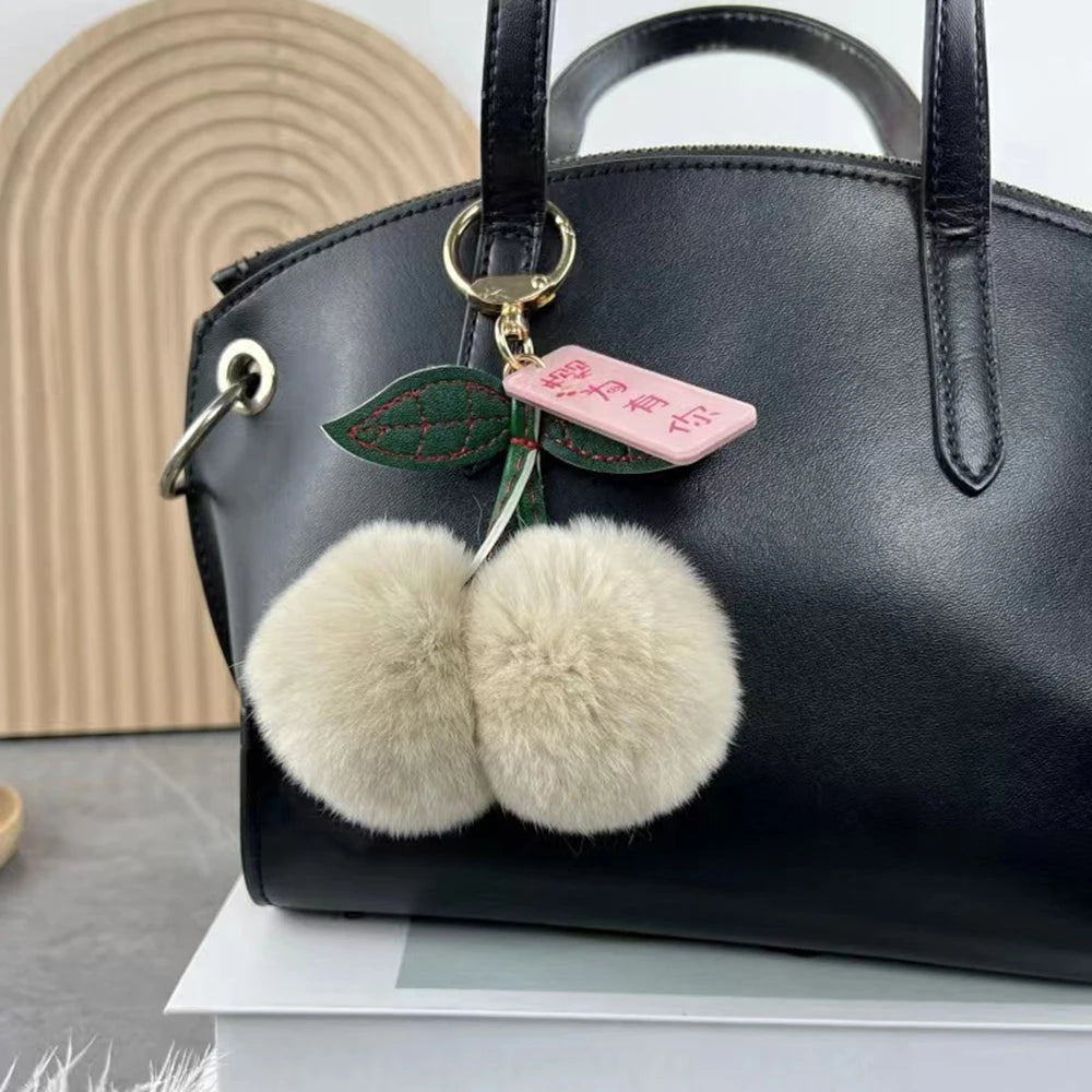 Keychain Key Fob Bag Pendant Fluffy Cherry Keyring Bag Hanging Leaf Artificial Rabbit Fur Ball Key Holder Plush Bag Accessories