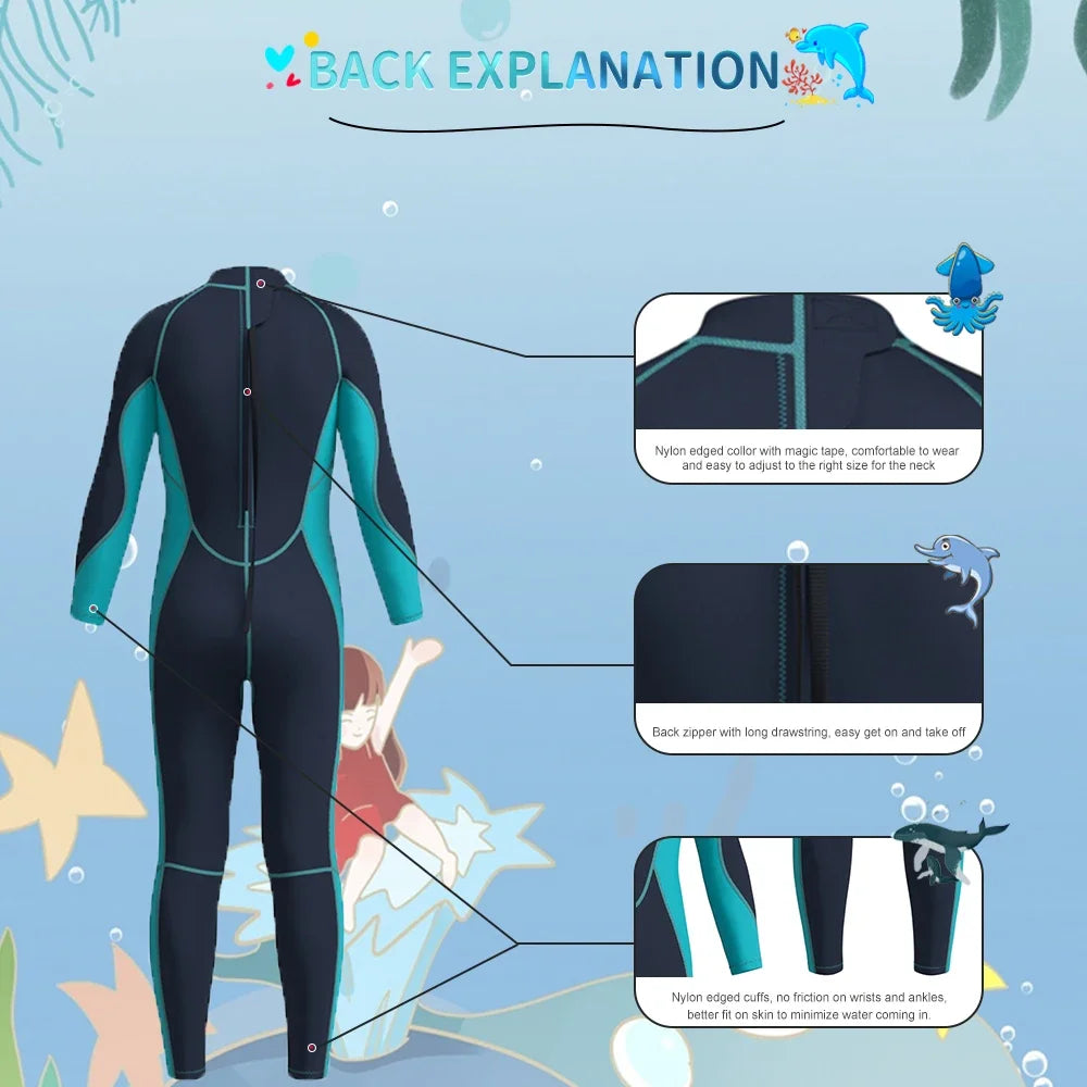 Children's 3MM Neoprene Wetsuit Back Zipper Surfing Snorkeling Swimming Suit Long Sleeves Boys Girls Kids Water Sports Swimwear