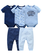 New Baby Boy Clothes Summer 100%Cotton Blue Grey Tie Print Three Piece Short Sleeve Bodysuit Pants vetements bebe For 0-12M