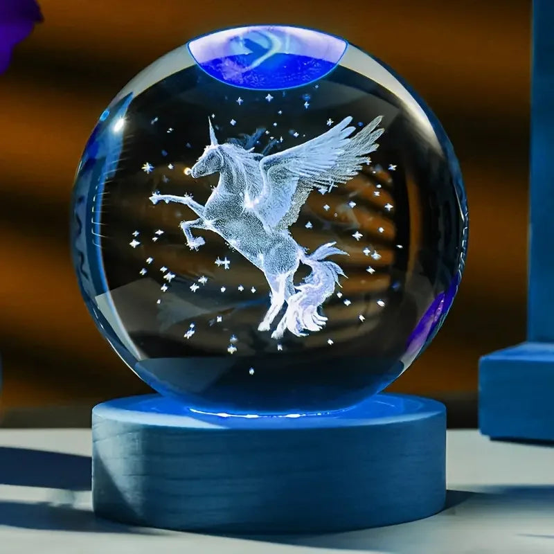1 Unicorn 3D laser carved crystal ball with wooden colored LED lamp holder, home decoration, girlfriend, colleague, wife birthda
