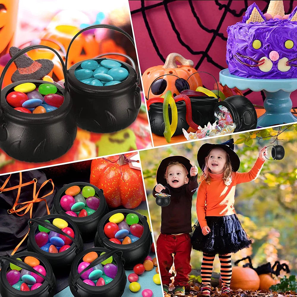 Halloween Witch Cauldron Decoration,Mini Black Plastic Witches Cauldron,Pumpkin Treat Bucket,Candy Basket,Trick Or Treat