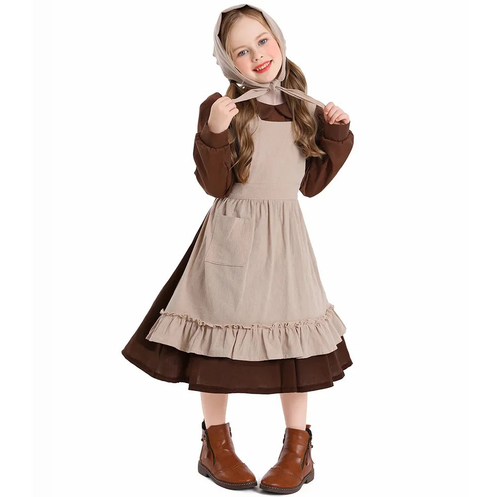 Pilgrim Costume Colonial Farm Village Girl Costumes Pioneer Prairie Dress 2-4Y 4-10Y 10-16Y Tween Teens