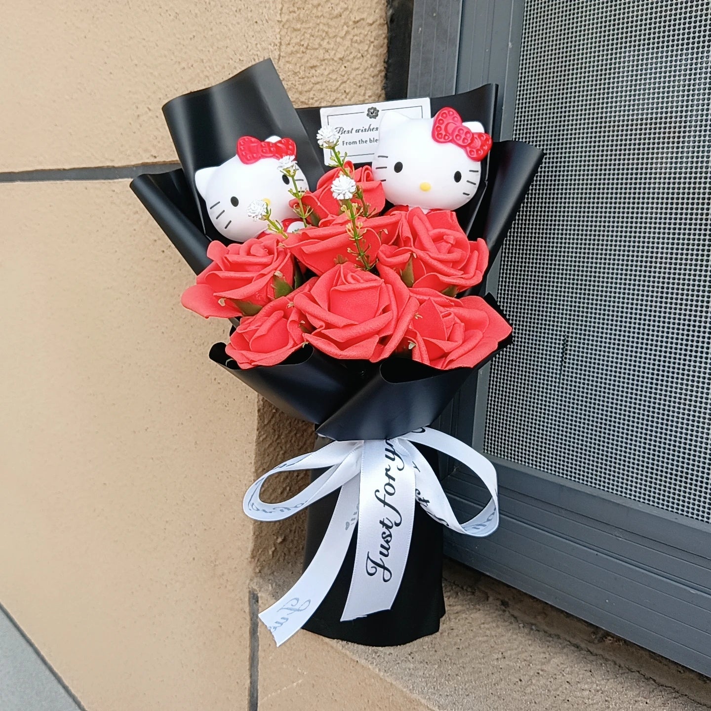 Hello Kitty Plush Bouquet with Rose Kawaii Anime Fluffy Stuffed Plush Doll Christmas Valentine's Day Holiday Birthday Gift