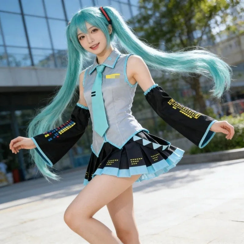 Cosplay Costume Green Ponytail Wig Anime  Singer Role Playing Uniform Girl Party Comic Con Outfits Tops Skirt Props