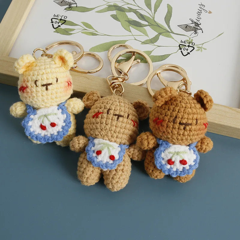 Cute Small Bear Doll Keychain For Couple Gifts Handmaking Crochet Cartoon Bear Keychain Knitting Animal Doll Custom Accessories