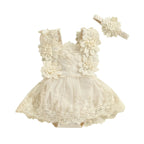 0-18M Infant Baby Girls Princess Romper Dress Summer Sleeveless Square Neck Floral Lace Bodysuits with Headband Sets Outfits