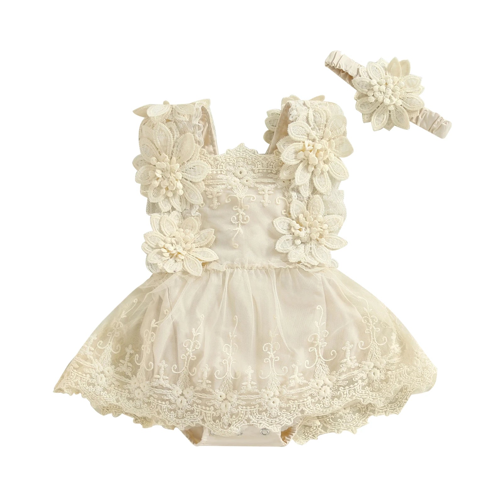 0-18M Infant Baby Girls Princess Romper Dress Summer Sleeveless Square Neck Floral Lace Bodysuits with Headband Sets Outfits