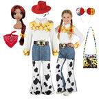 2026 Jessie Cowgirl Costume 2 Piece Set Sleeve shirt Cow Print Flared Pants Kids Cosplay Outfit Halloween Carnival Casual Wear