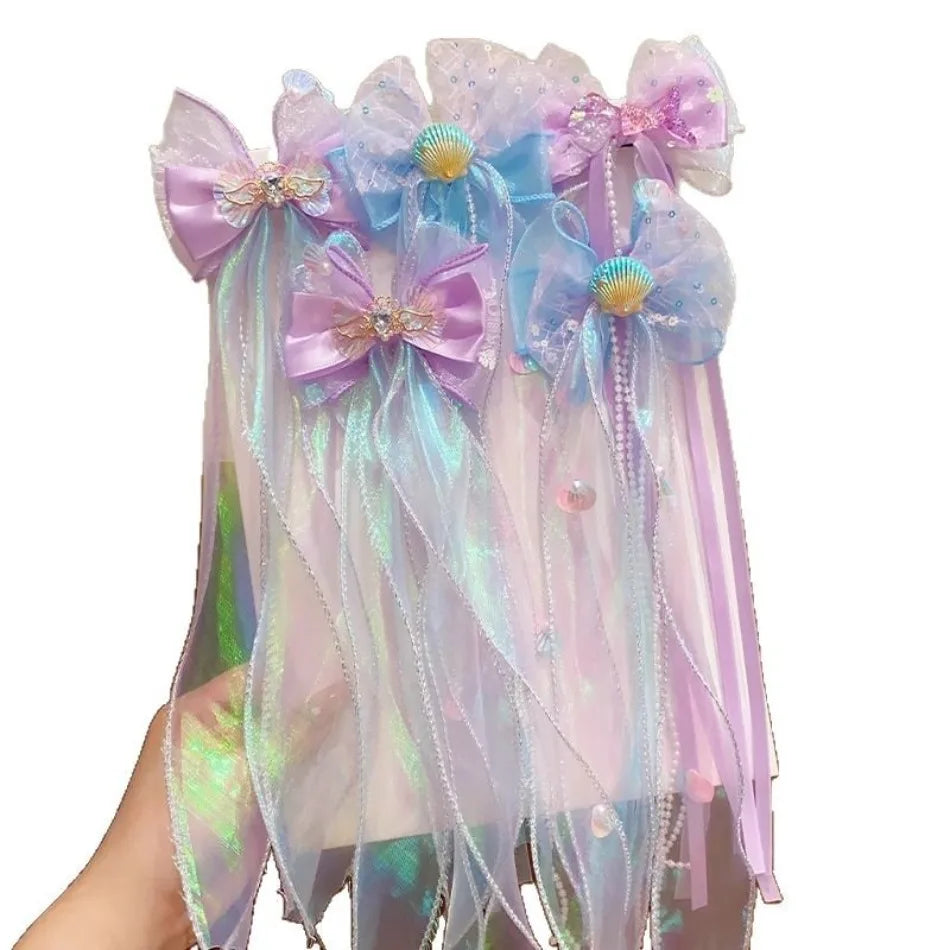 Toddler Girl Mermaid Headwear Children Princess Bow Hairpin Girls' Floating Yarn Braided Hair Clip Mermaid Maiden Hair Accessory