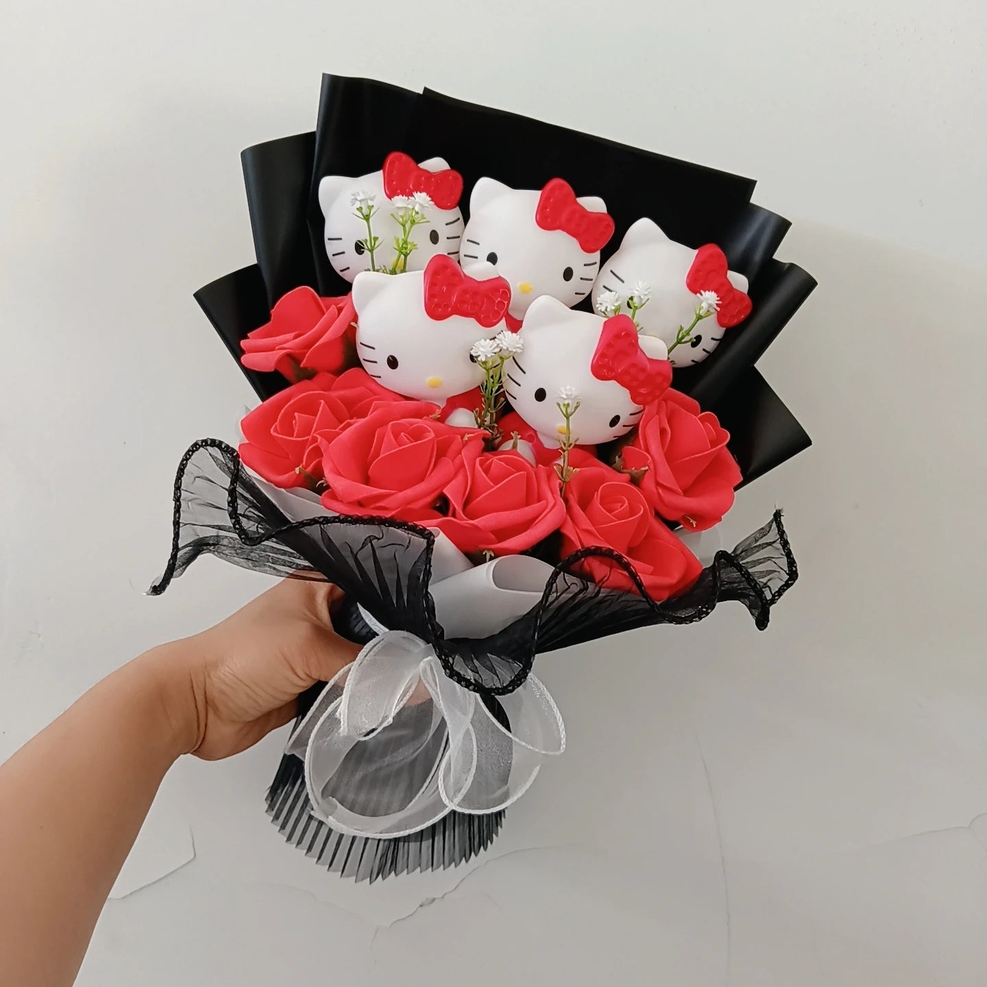 Hello Kitty Plush Bouquet with Rose Kawaii Anime Fluffy Stuffed Plush Doll Christmas Valentine's Day Holiday Birthday Gift