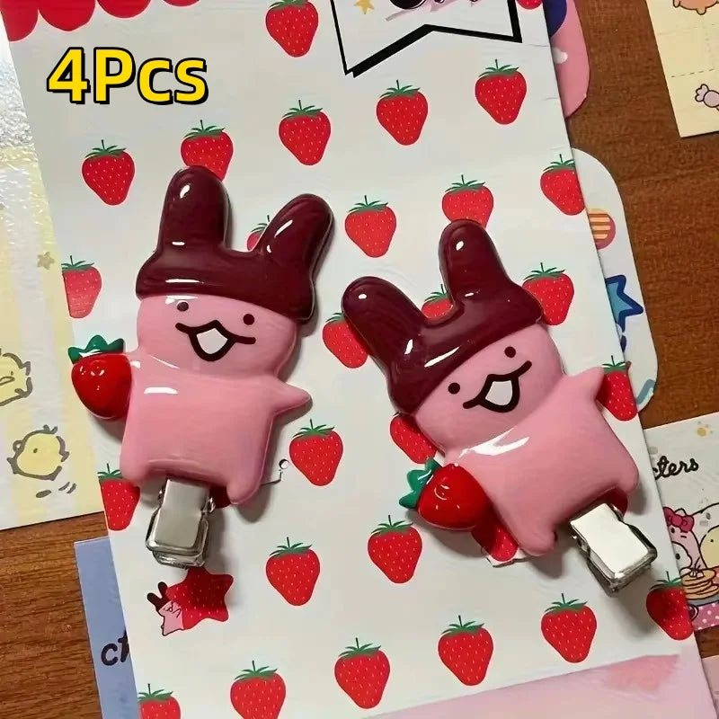 4Pc Strawberry Chocolate Bunny Hairpins Cute Cartoon Design Durable Plastic Hair Accessories Styling Fixed Decorative Hair Pinch