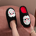A Pair of Black Halloween Horror Mask Skull Pattern Embroidered Plush Home Thick-Soled Comfortable Slippers, Personalized Warm Non-Slip Indoor Slippers, Autumn and Winter Gift, Suitable for Both Men and Women