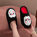 A Pair of Black Halloween Horror Mask Skull Pattern Embroidered Plush Home Thick-Soled Comfortable Slippers, Personalized Warm Non-Slip Indoor Slippers, Autumn and Winter Gift, Suitable for Both Men and Women