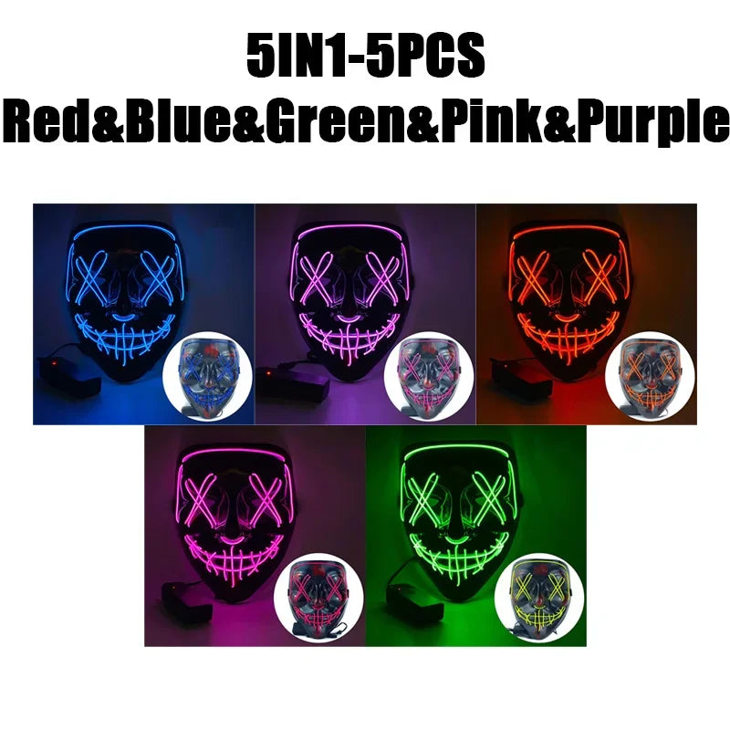 LED Halloween Mask Glow in The Dark Scary Terror Face Cover Bright Scream Light Up Costume for Men Carnival Party