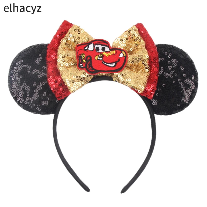 Disney Anime Cars Ears Headbands Women Sequins Bow Hairband Girls Pixar 95 Lightning McQueen Hair Accessories Kids Headwear Gift