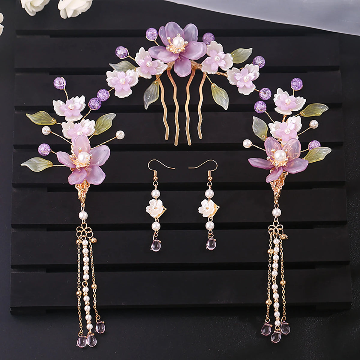 Chinese Hanfu Hair Stick Hairpin Earrings Hair Accessories Set Long Fringed Vintage Hairpin Flower Handmade Wedding Hair Jewelry