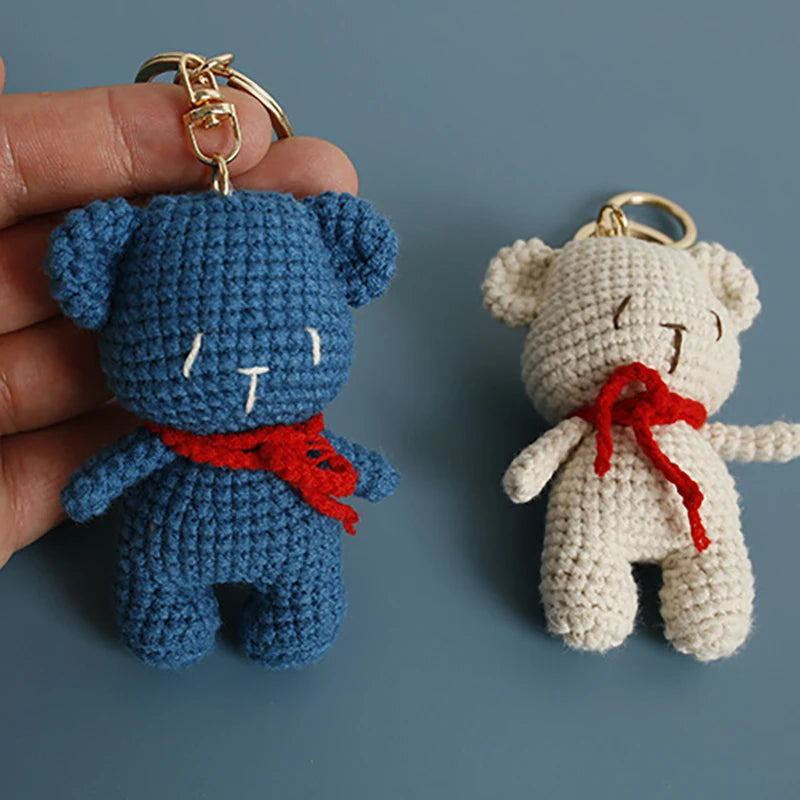 Cute Small Bear Doll Keychain For Couple Gifts Handmaking Crochet Cartoon Bear Keychain Knitting Animal Doll Custom Accessories