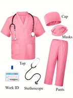 Kids Doctor Nurse Cosplay Costume, V Neck Surgical Uniform for Boys Girls, Halloween Party Role Play Dress Up Outfit