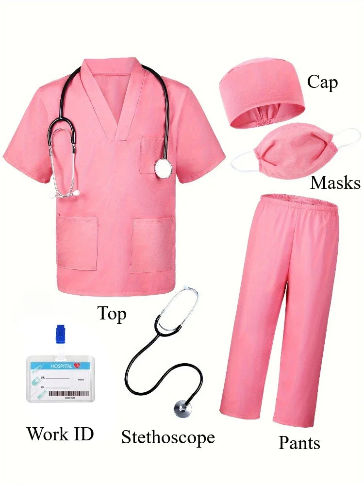 Kids Doctor Nurse Cosplay Costume, V Neck Surgical Uniform for Boys Girls, Halloween Party Role Play Dress Up Outfit