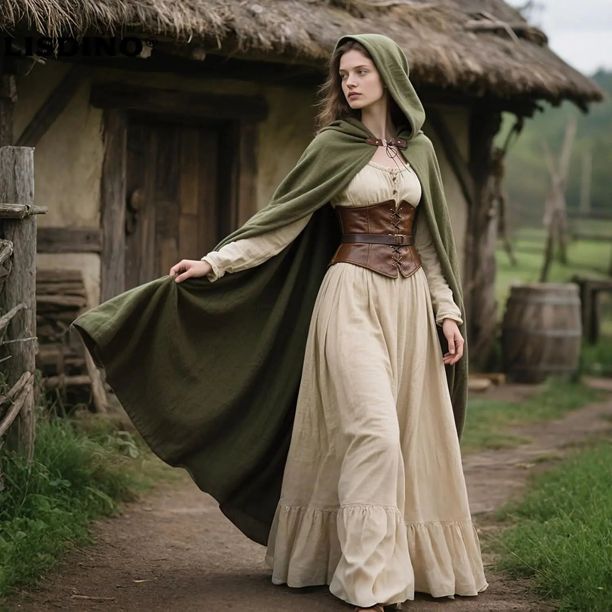 LisdinoL'VOW Medieval Hooded Cloak Linen Renaissance Cape With Hood - Halloween Hobbit Cosplay Witch Wizard LARP