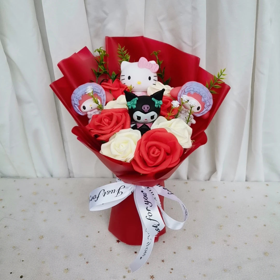 Hello Kitty Plush Bouquet with Rose Kawaii Anime Fluffy Stuffed Plush Doll Christmas Valentine's Day Holiday Birthday Gift