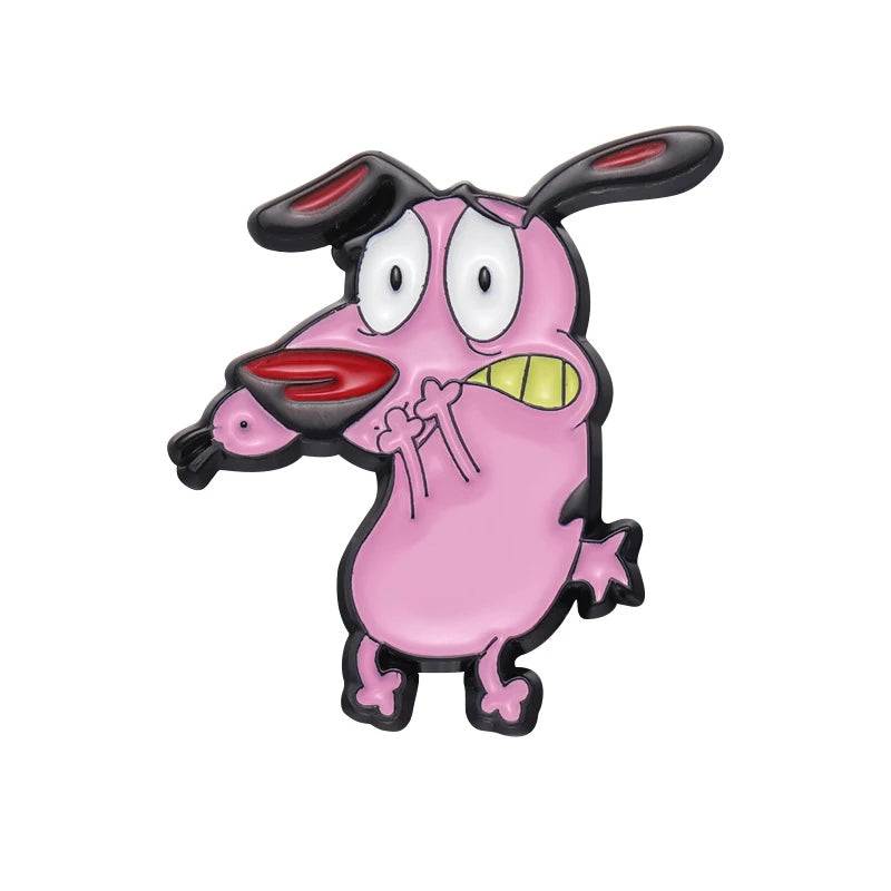 Cartoon Courage Cowardly Dog Brooch Enamel Pins Cute Pink Animal Dog Brooches Clothes Lapel Badges Jewelry Gift for Kids Friends