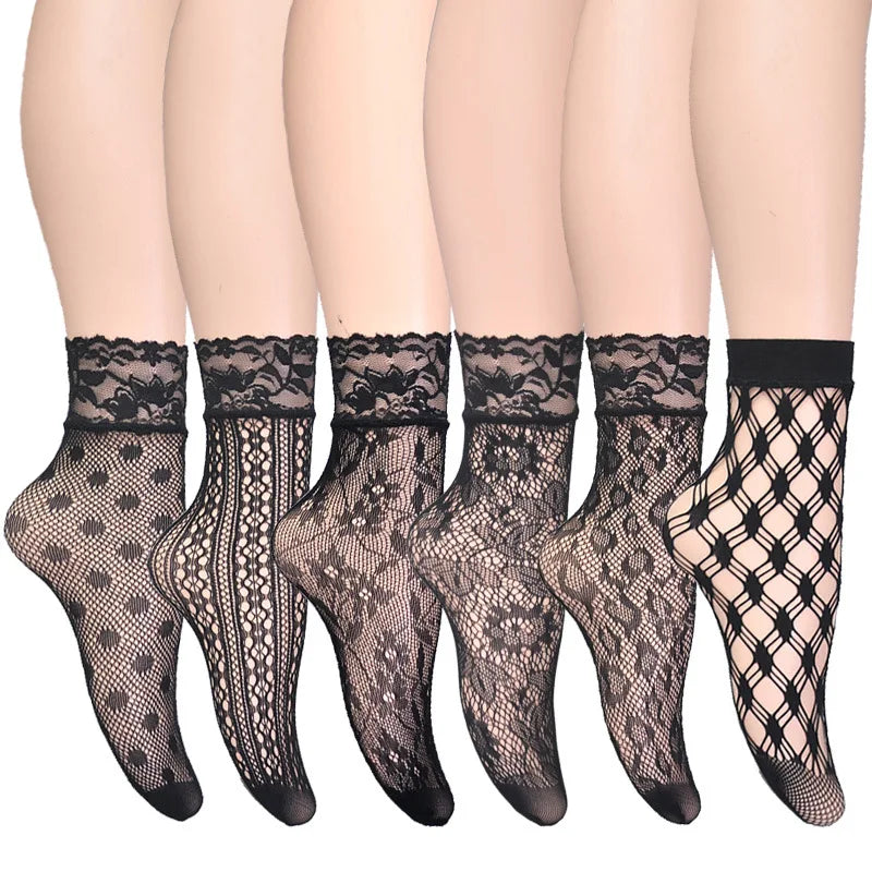 6-Pair /Set Summer Black White Sexy Lace Socks Thin Hollow Jacquard Fishing Net Short Stockings