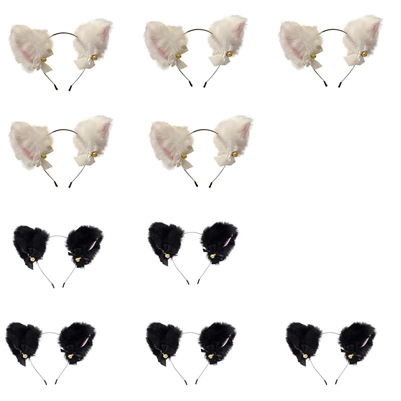 Plush Lace Cat Ears Bell Headband for Women Korean Style Elegant Fashion Girl Hair band Party Cosplay