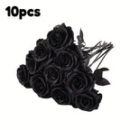 5/10pcs Artificial Black Roses for Home Decor, Long Stem Fake Flowers No Vase, Wedding Halloween Party Table Centerpiece