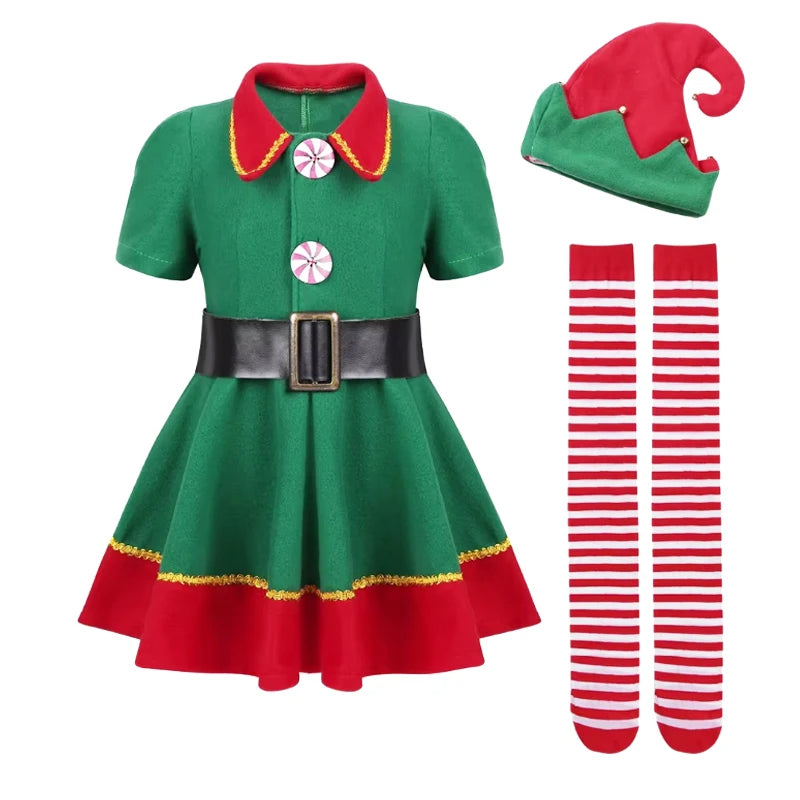 2025 Girl Boy Christmas Elf Costumes Santa Claus Suit Festival Adult Family Halloween Cosplay Sets Green Elves Clothes