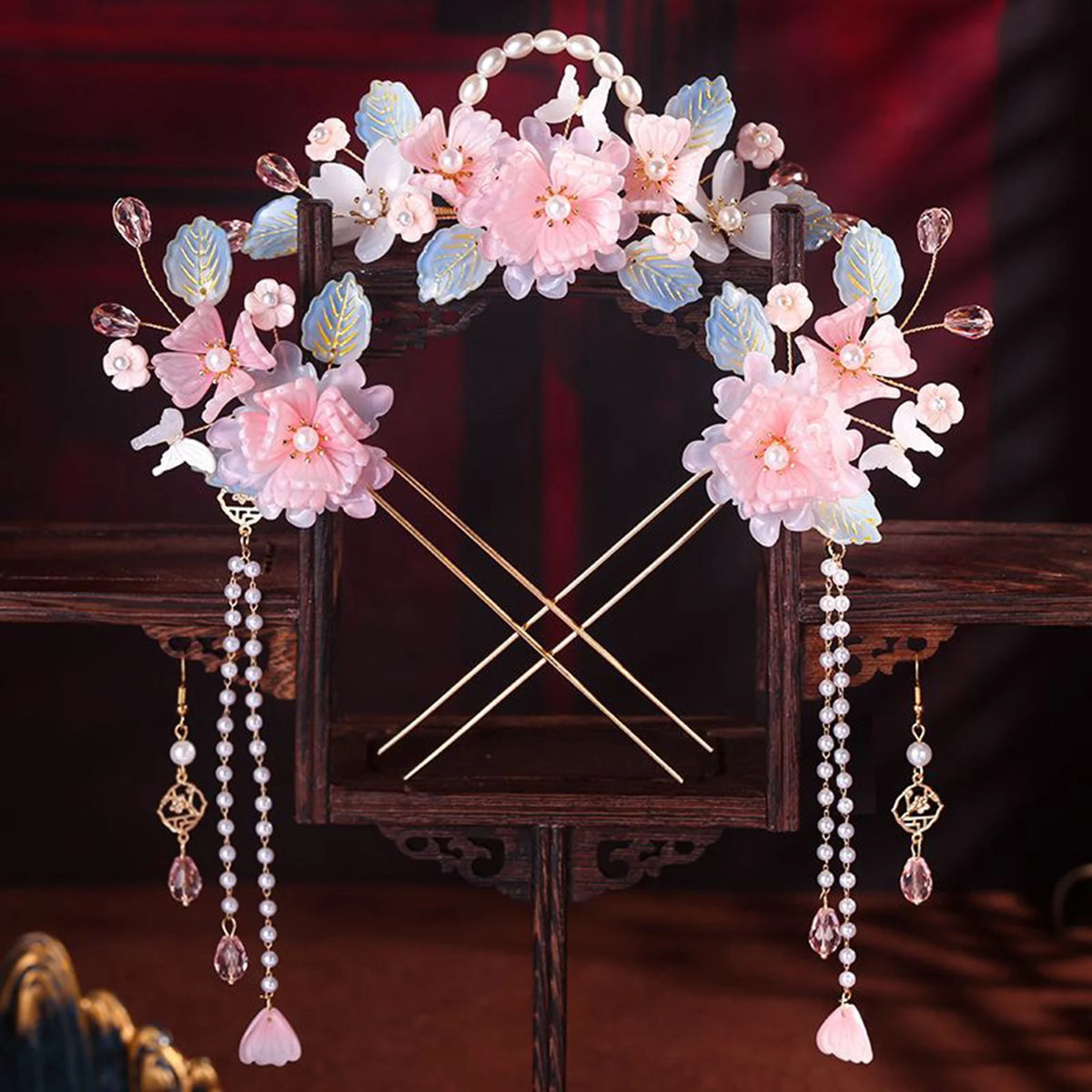 Chinese Hanfu Hair Stick Hairpin Earrings Hair Accessories Set Long Fringed Vintage Hairpin Flower Handmade Wedding Hair Jewelry