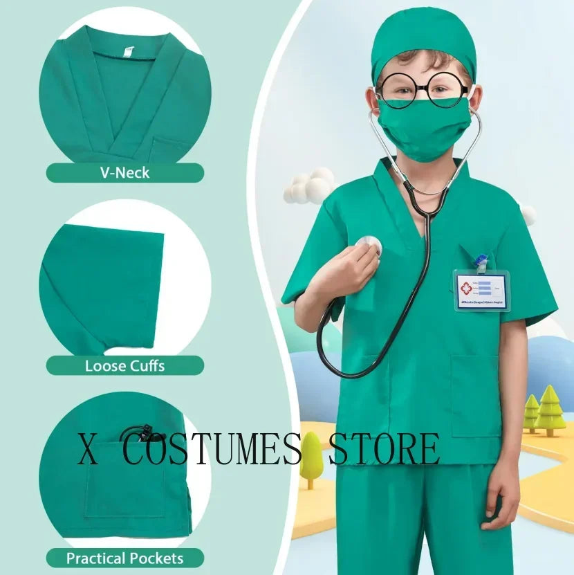 Kids Doctor Nurse Cosplay Costume, V Neck Surgical Uniform for Boys Girls, Halloween Party Role Play Dress Up Outfit