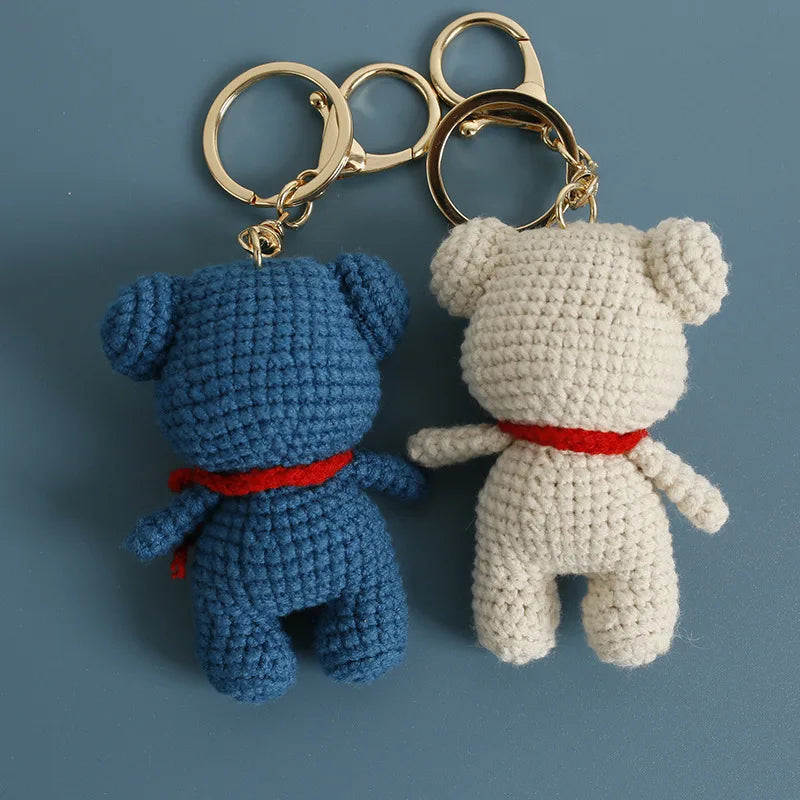 Cute Small Bear Doll Keychain For Couple Gifts Handmaking Crochet Cartoon Bear Keychain Knitting Animal Doll Custom Accessories