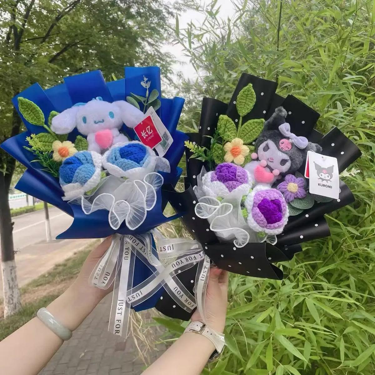 Genuine My Melody Kuromi Cinnamoroll Hellokitty Plush Dolls With Crochet Flowers Creative Handmade Sanrio Bouquet Gifts For Girl
