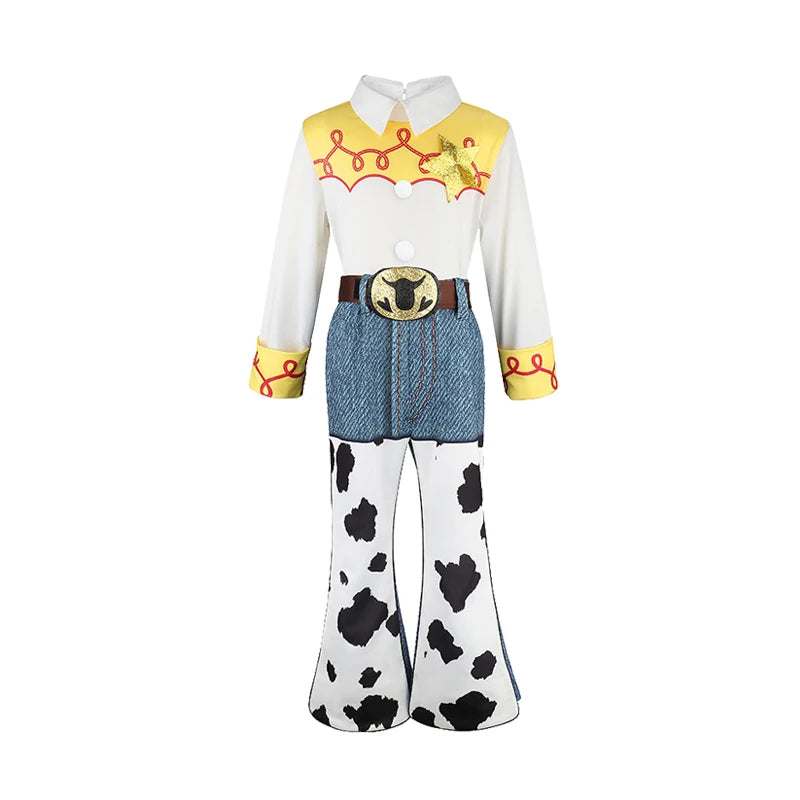 2026 Jessie Cowgirl Costume 2 Piece Set Sleeve shirt Cow Print Flared Pants Kids Cosplay Outfit Halloween Carnival Casual Wear