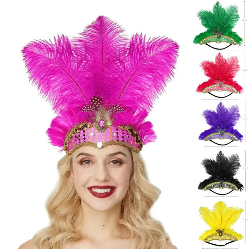 Women Carnival Crystal Crown Feather Headpieces 1920s Flapper Headband Show Girl Feather Headdress Mardi Gras Accessories