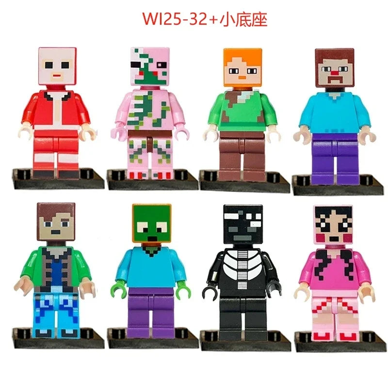 8pcs/lot Minecrafte Creeper Small Building Blocks EnderDragon DIY Steve Cube Skeleton Horse Figures Mini Building Block For Kids