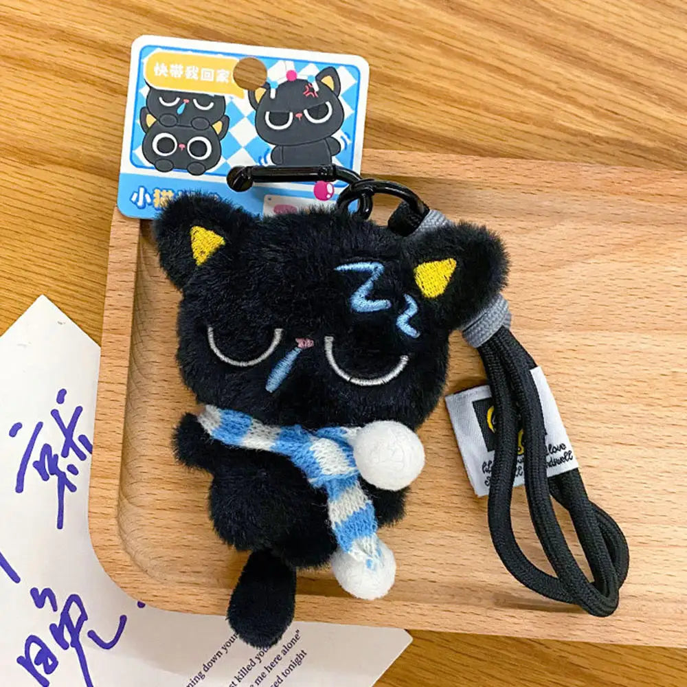 Cute Mini Black Cat Pendant Keychain Cartoon Plush Kitten Doll Charms With Beaded Chain Cuddly Black Kitten For Boys Girls Gifts