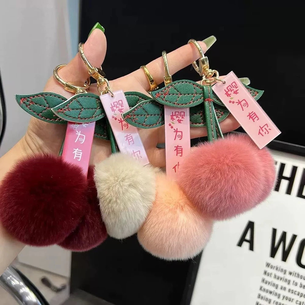 Keychain Key Fob Bag Pendant Fluffy Cherry Keyring Bag Hanging Leaf Artificial Rabbit Fur Ball Key Holder Plush Bag Accessories
