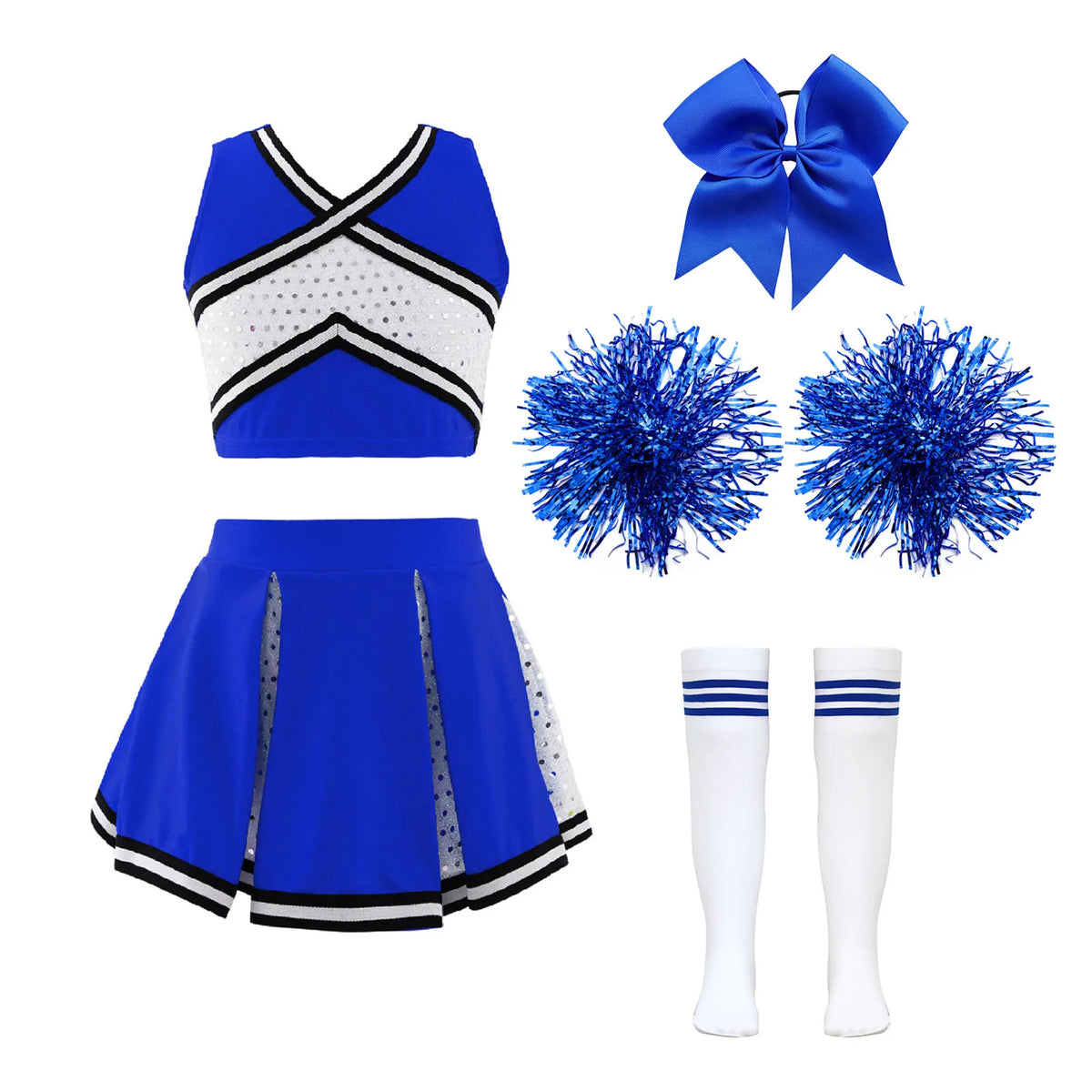 Girl Cosplay Cheerleader Costume Cheerleading Uniform Outfit Sequins Crop Top Skirt with Socks School Girls Dancewear Sets