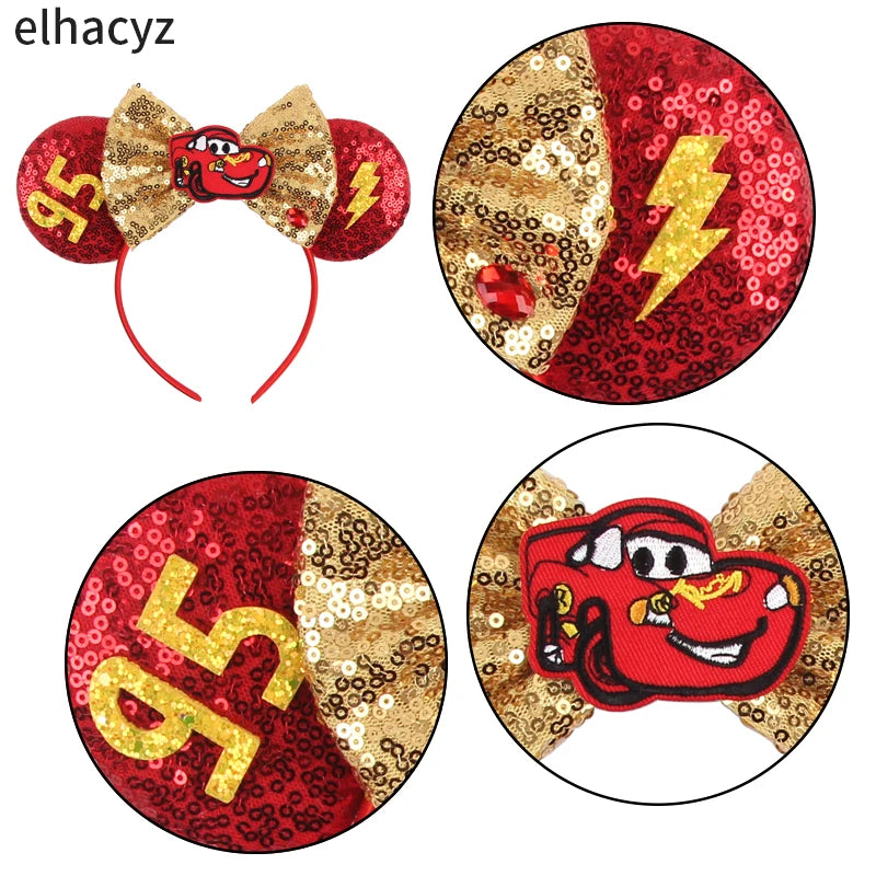 Disney Anime Cars Ears Headbands Women Sequins Bow Hairband Girls Pixar 95 Lightning McQueen Hair Accessories Kids Headwear Gift