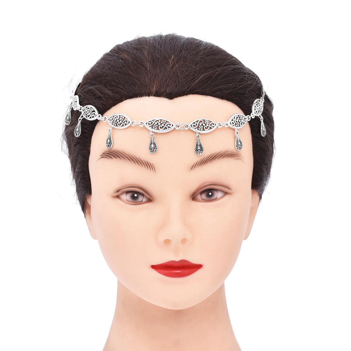 Retro Silvery Alloy Hollow Moon Pendant Forehead Headpiece for Women Boho Ethnic Indian Hippie Party Hair Accessories Jewelry