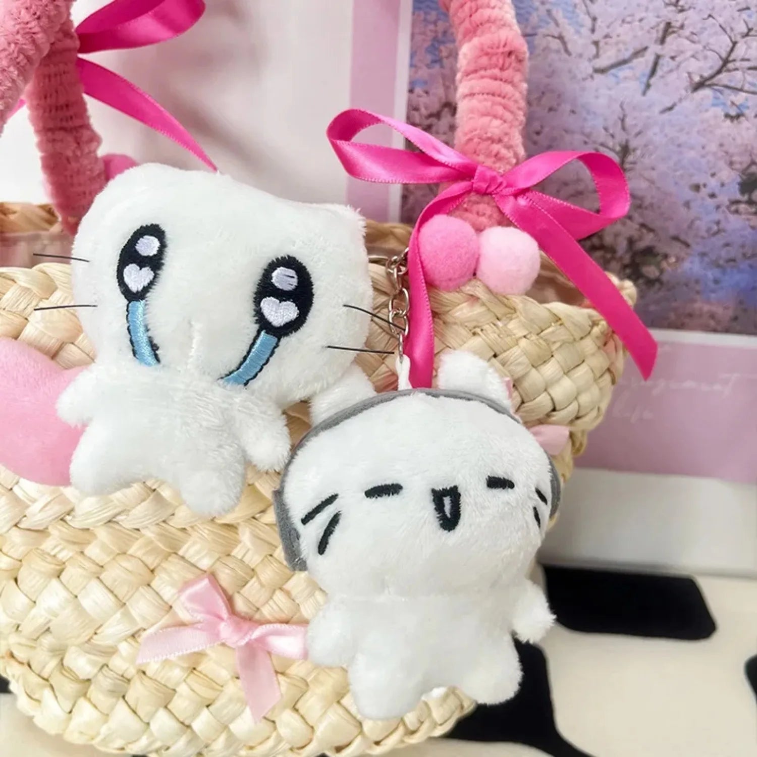 Cute headphone cat doll pendant, cartoon healing keychain, plush toy, doll, schoolbag, bag hanging decoration