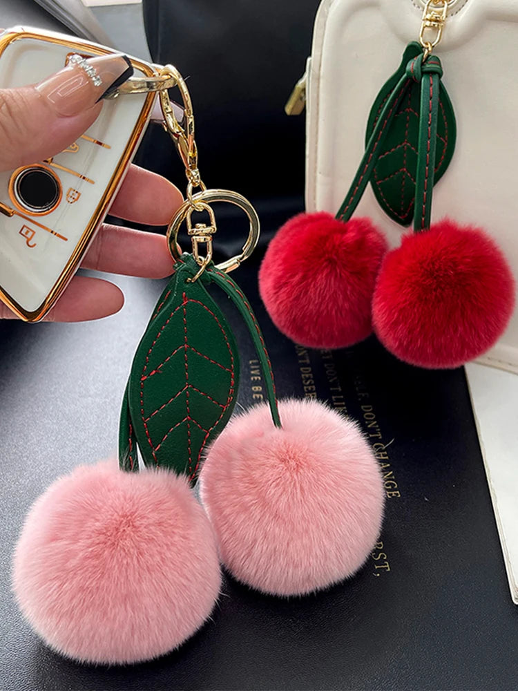 Keychain Key Fob Bag Pendant Fluffy Cherry Keyring Bag Hanging Leaf Artificial Rabbit Fur Ball Key Holder Plush Bag Accessories