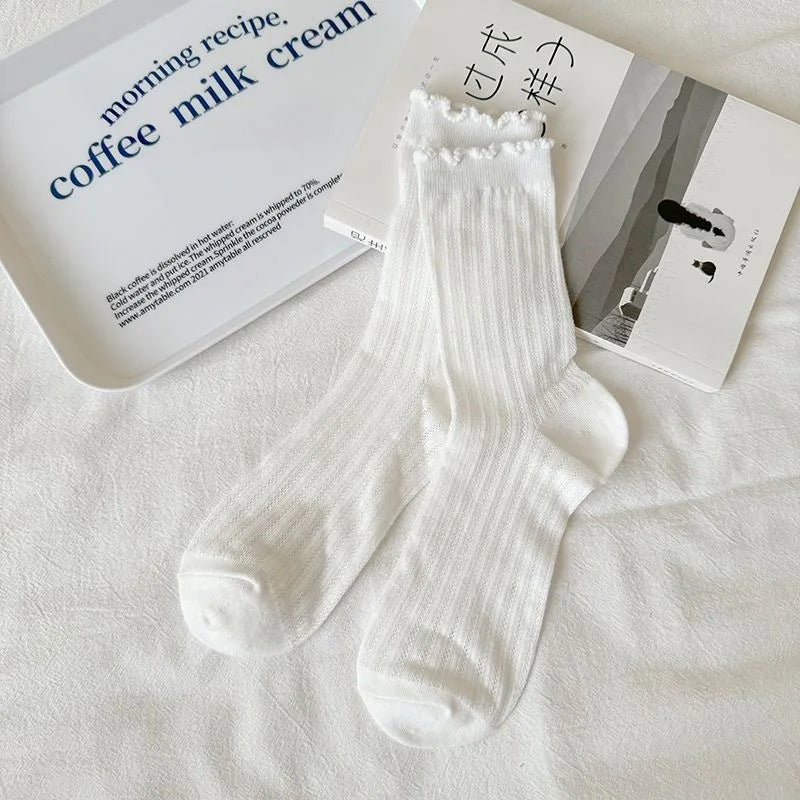 5 Pairs/Lot Women Hollow Mesh Tube Socks Ear Fungus Edge Socks Ins Trendy Spring Summer Loose Mouth Thin Style Girls Pile Socks