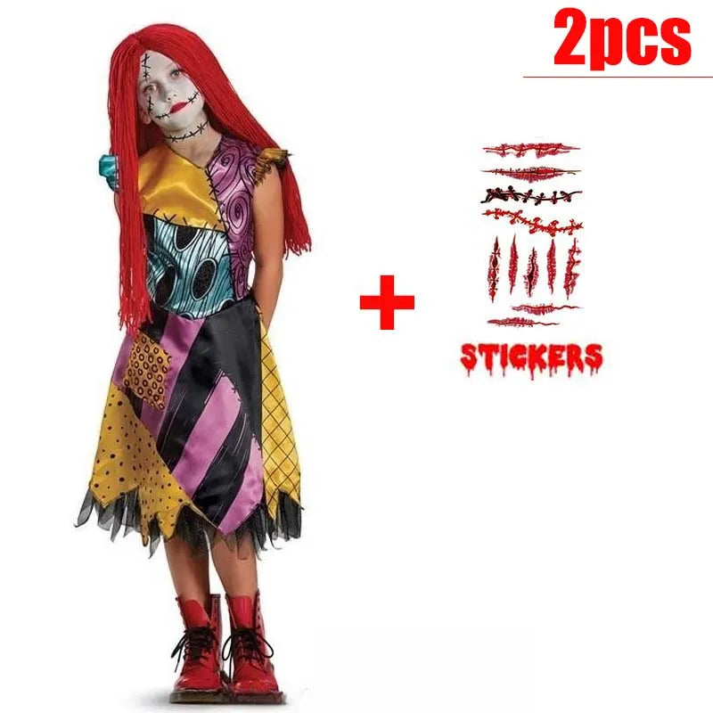 Kids Girls Boys Cosplay Scary Ghost Bride Sally Skeleton Jack Dress Striped Halloween Character Dress Up Costume