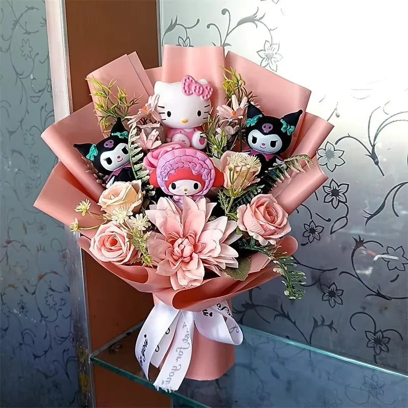 Hello Kitty Plush Bouquet with Rose Kawaii Anime Fluffy Stuffed Plush Doll Christmas Valentine's Day Holiday Birthday Gift