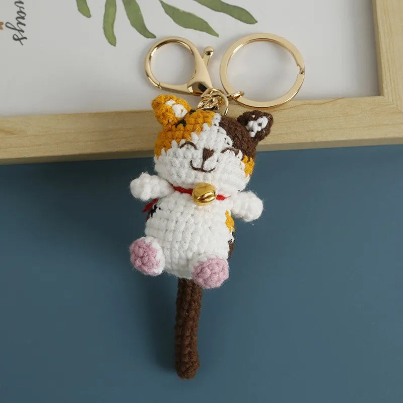Handmaking Crochet Kitten Keyrings Cute Smiling Cat Doll Crochet Keychain Cartoon Kitten Series Knitting Doll Keychain Custom